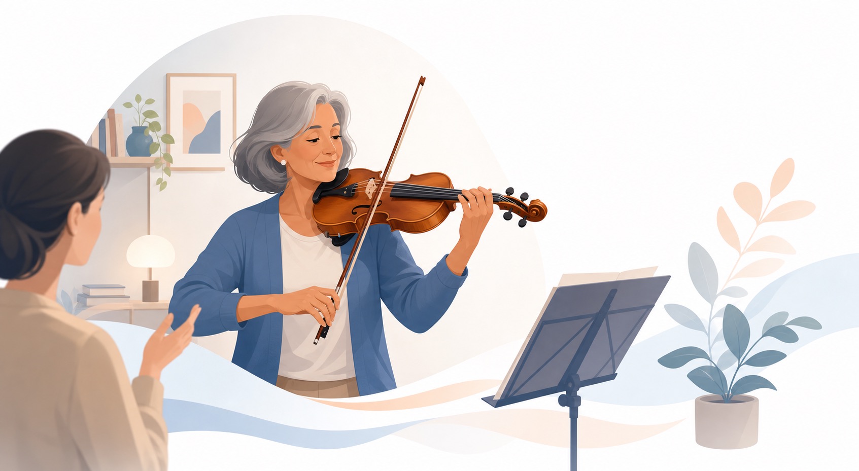 Illustration of an adult beginner violin student in a calm lesson setting with soft blue, cream, and peach tones.