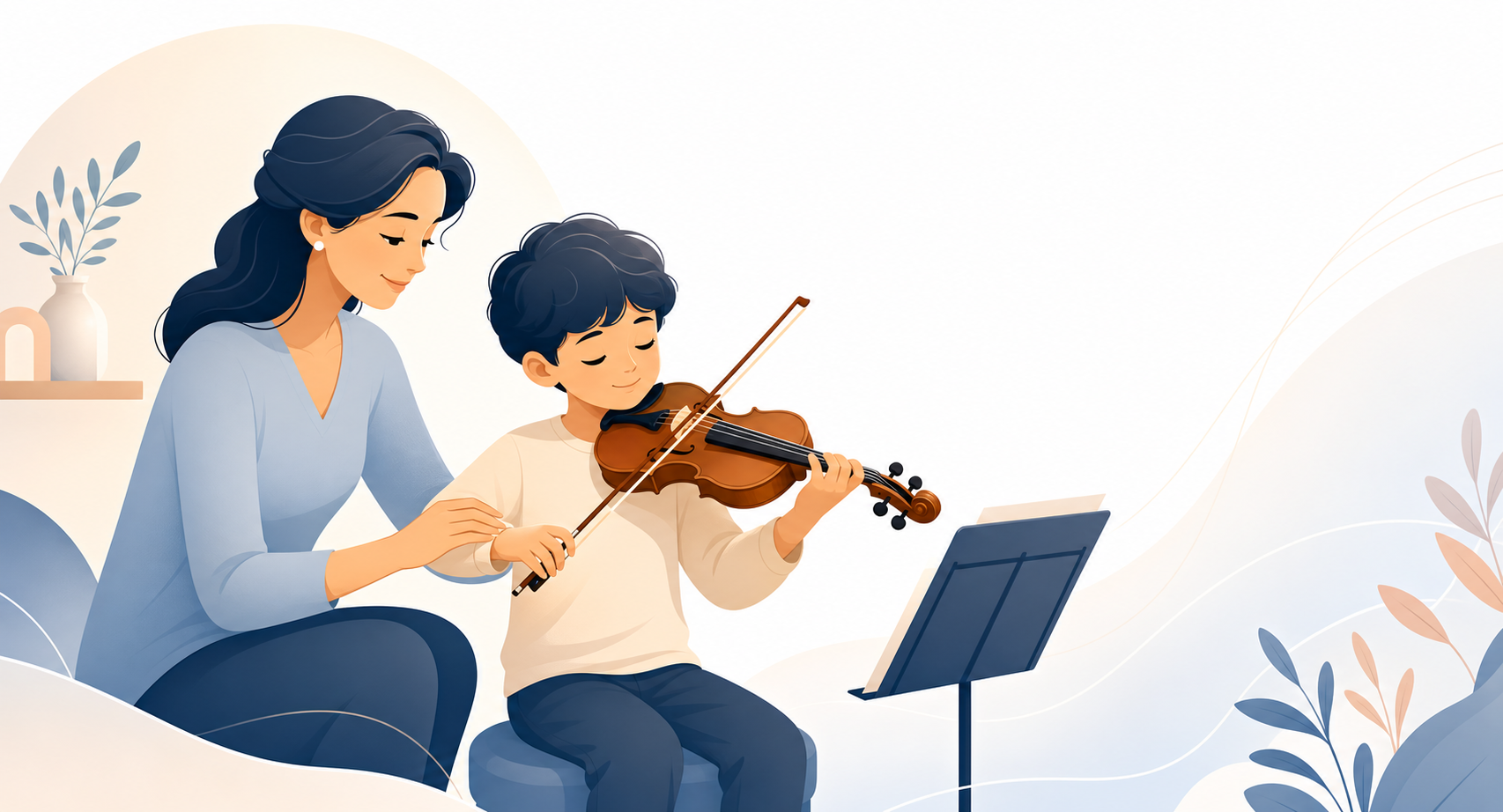 Parent helping a child with violin practice at home.
