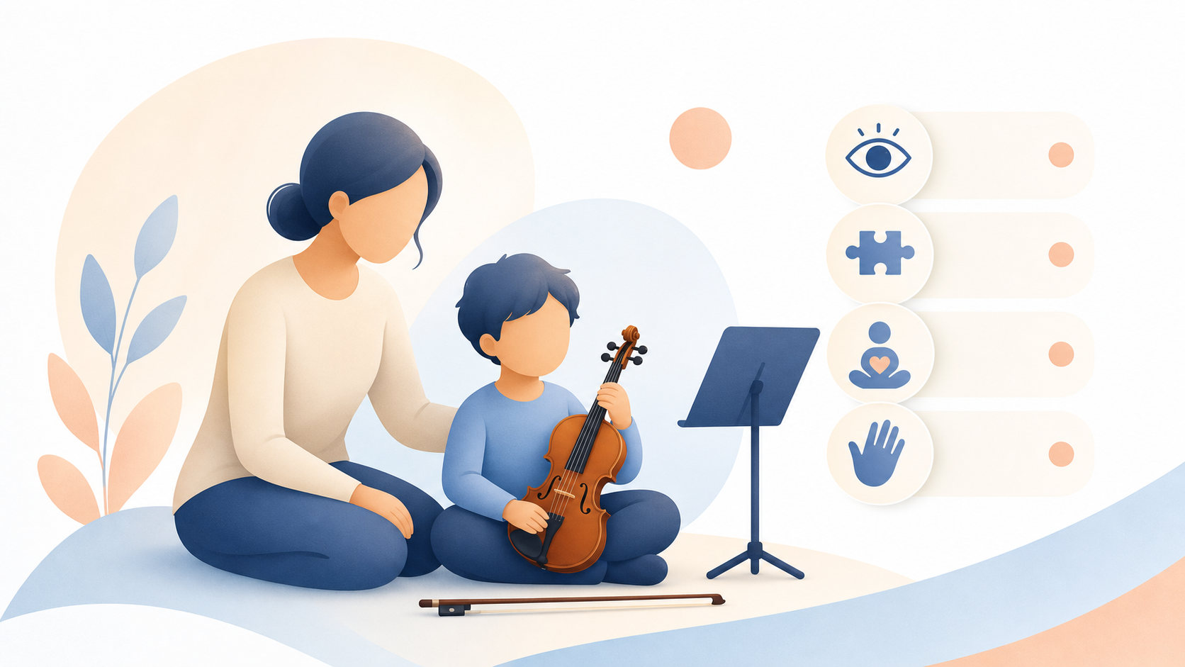 Soft educational illustration of a parent and child ready to begin violin lessons in a calm, friendly setting.