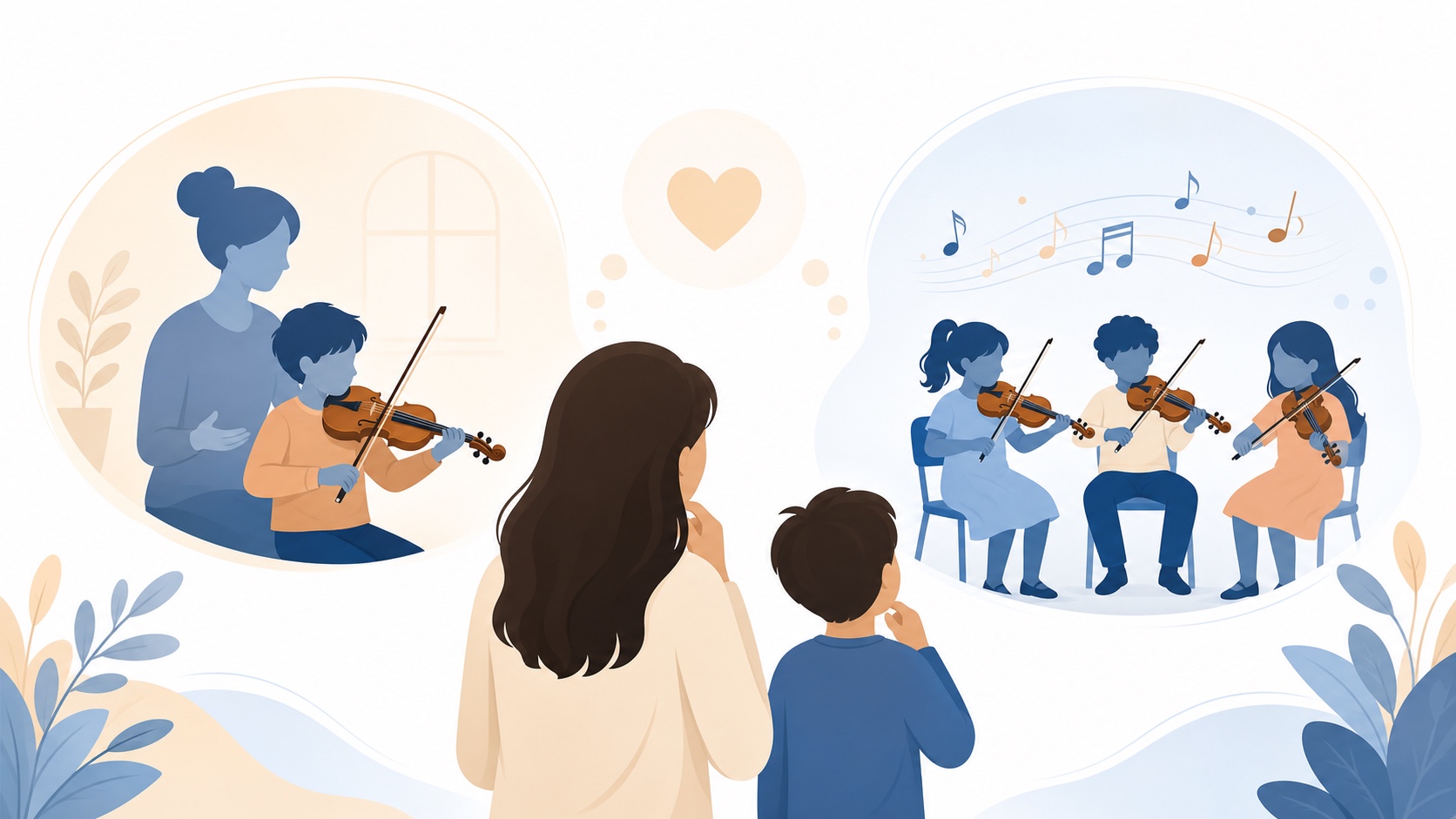 Warm educational illustration showing a parent comparing private and group violin lesson options for a child.