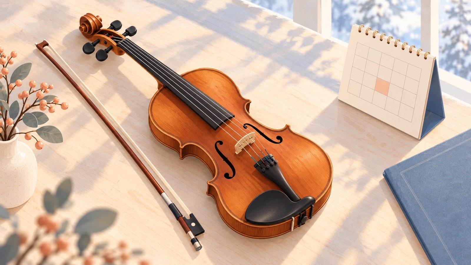 Illustration of a wooden violin and bow on a sunlit table beside a calendar and blue music folder, with snow outside the window.