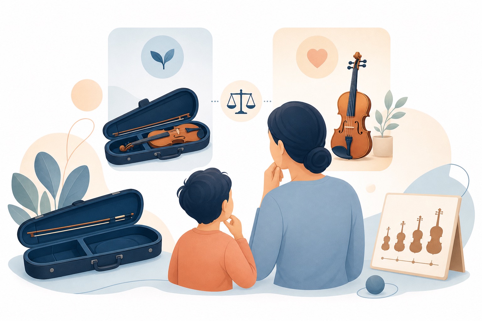 Parent and child considering whether to rent or buy a first violin for beginner lessons.