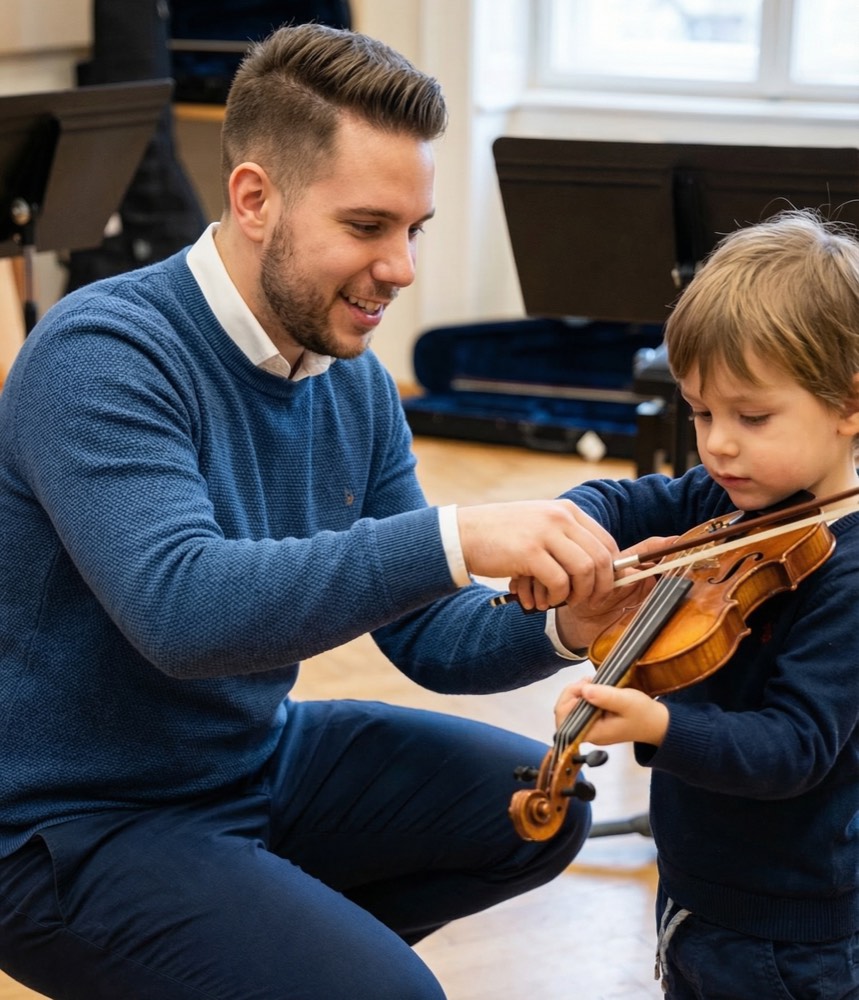 Beginner violin student learning with Suzuki method and parents