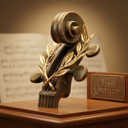 Artistic representation of a violin competition with a laurel wreath
